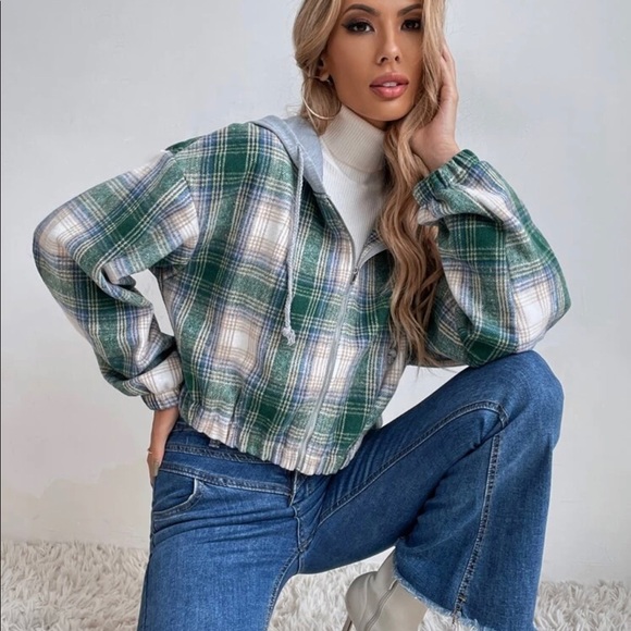 Shein Tartan Print Drop Shoulder Drawstring Hooded Crop Overcoat Size XL - Picture 6 of 9